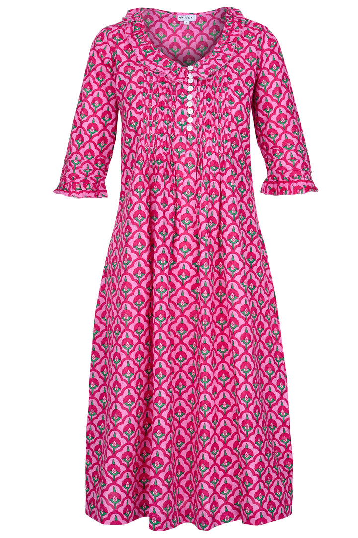 Cotton Karen 3/4 Sleeve Day Dress in Pink & Green Moroccan