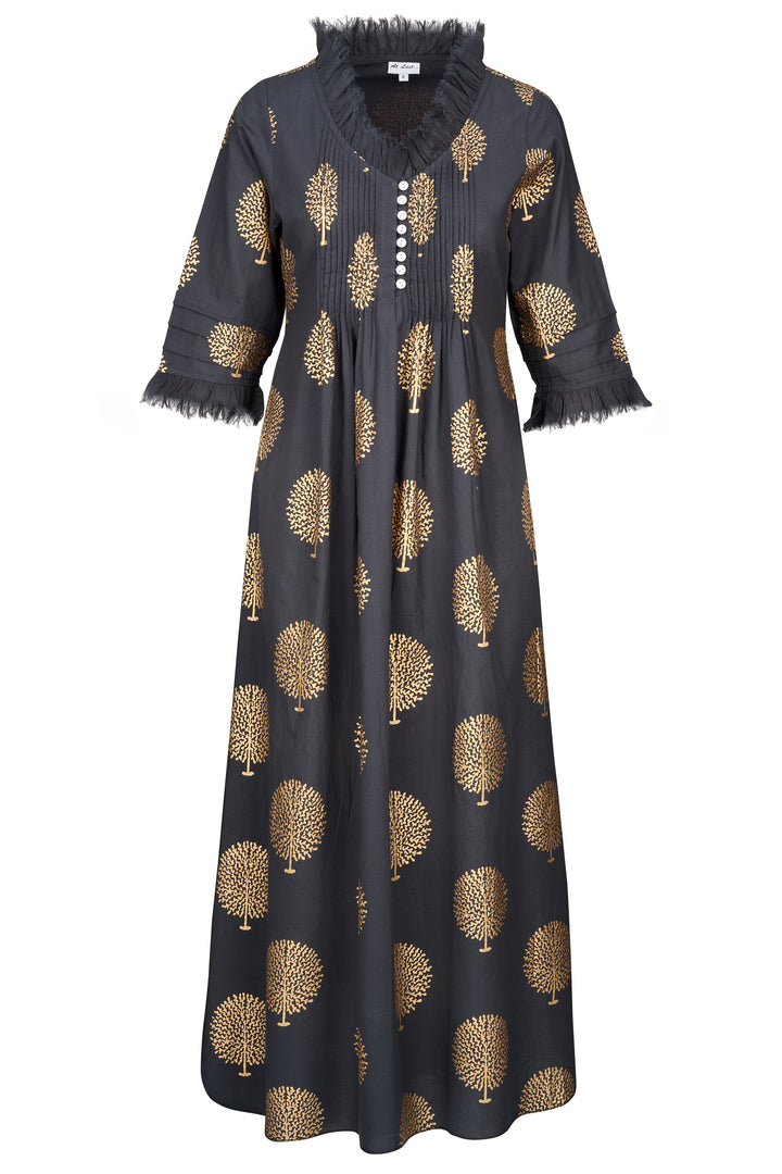 Cotton Annabel Maxi Dress in Charcoal Grey & Gold