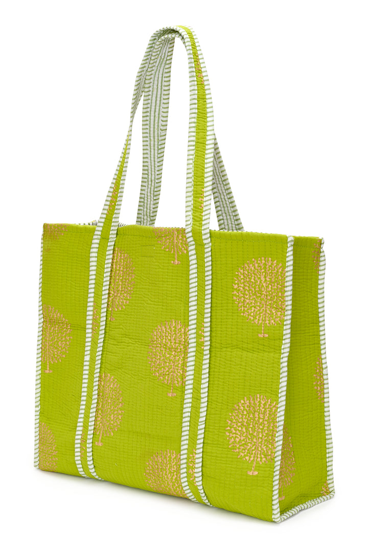 Large Cotton Tote Bag In Lime & Gold