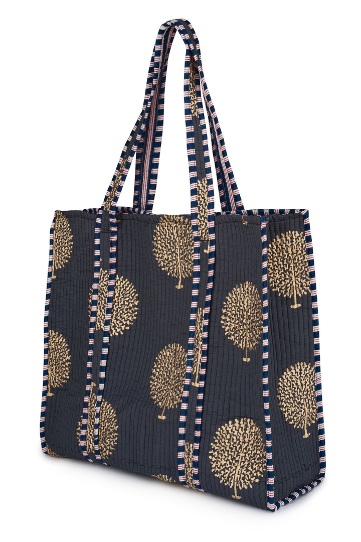 Large Cotton Tote Bag In Charcoal Grey & Gold