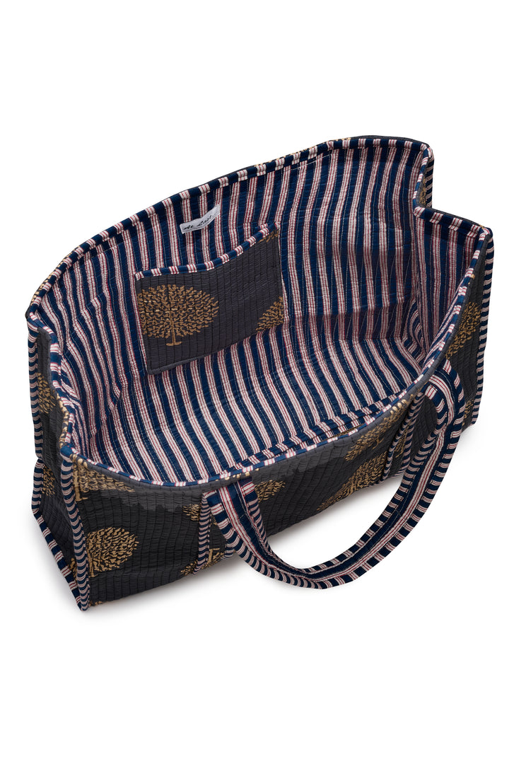 Large Cotton Tote Bag In Charcoal Grey & Gold