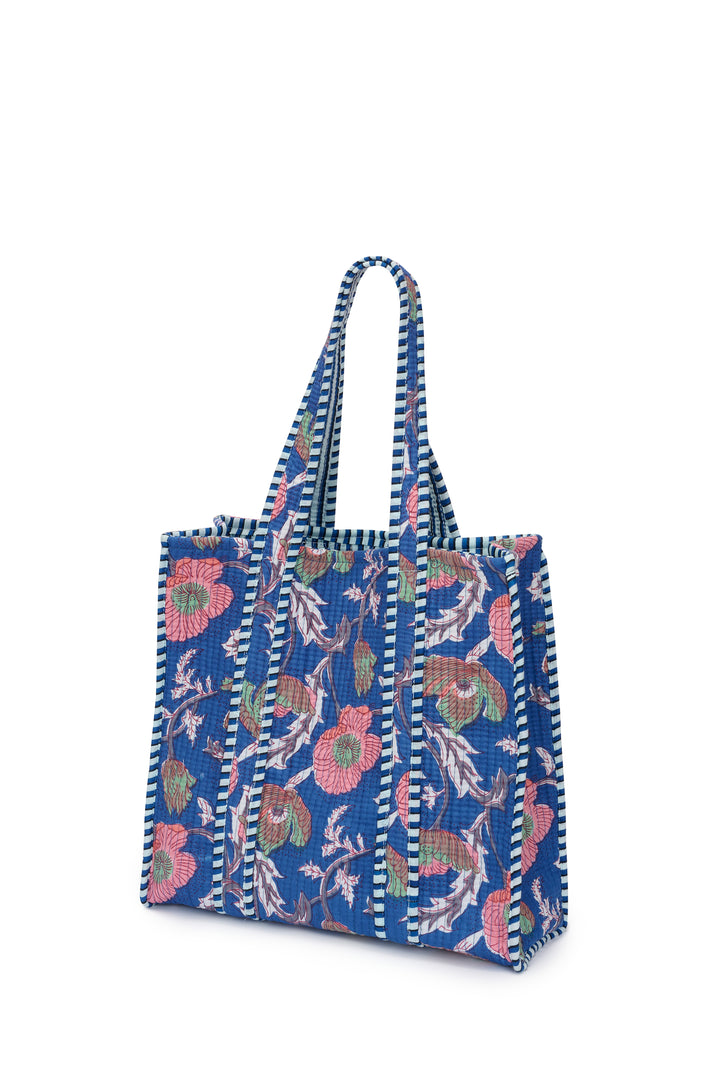 Medium Cotton Tote Bag In Royal Blue & Coral Flower
