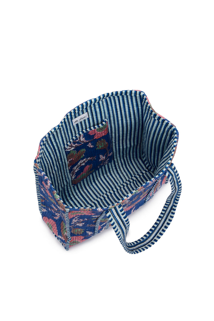 Medium Cotton Tote Bag In Royal Blue & Coral Flower