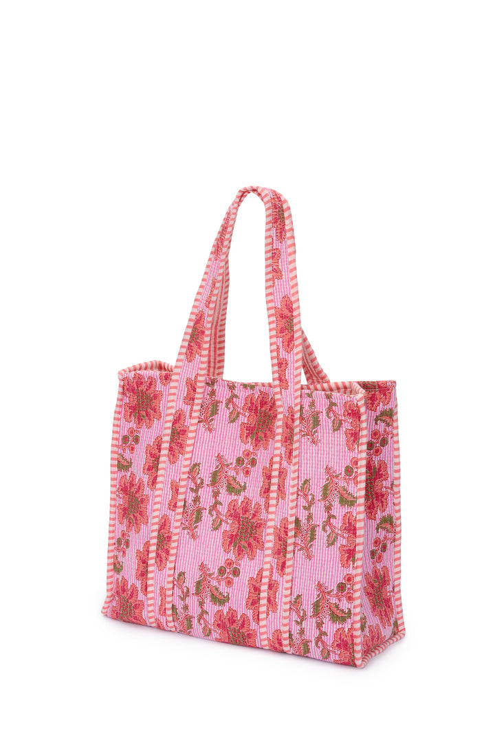 Medium Cotton Tote Bag In Pink Pinstripe