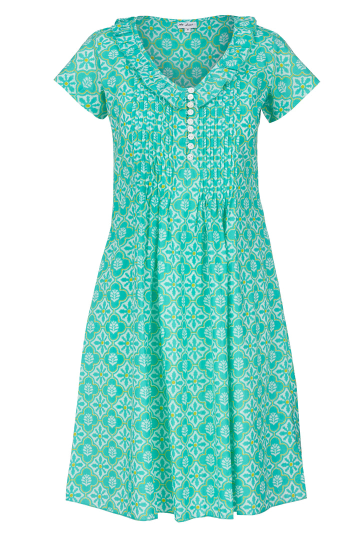 Cotton Karen Short Sleeve Day Dress in Turquoise & White Flower