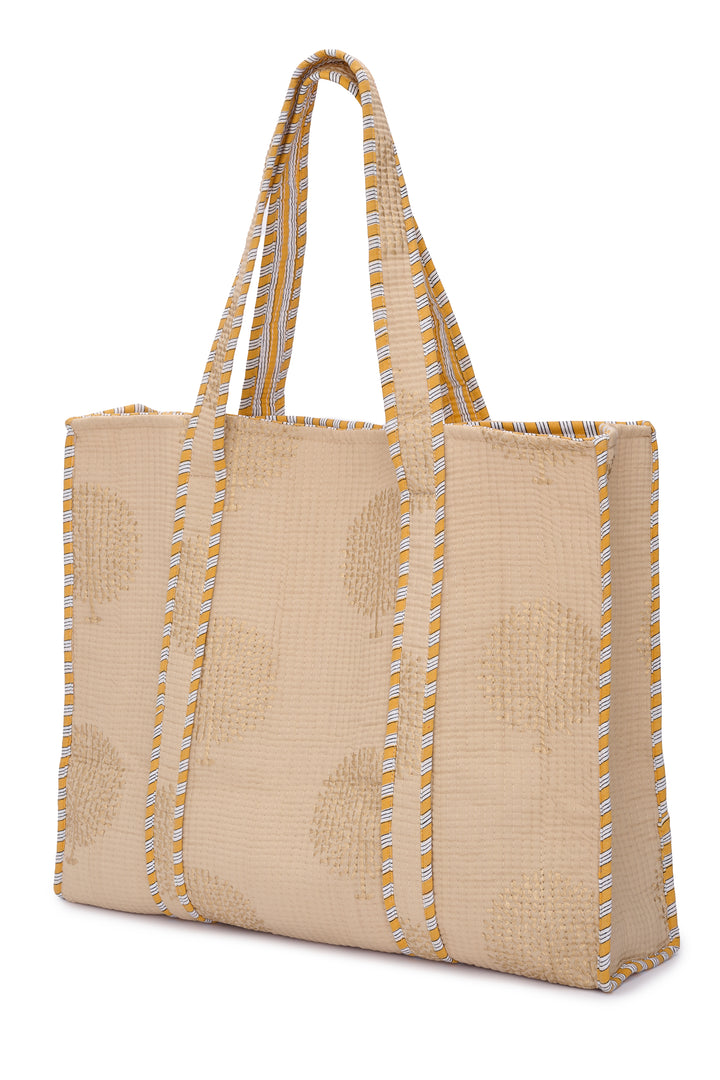 Large Cotton Tote Bag In Latte & Gold