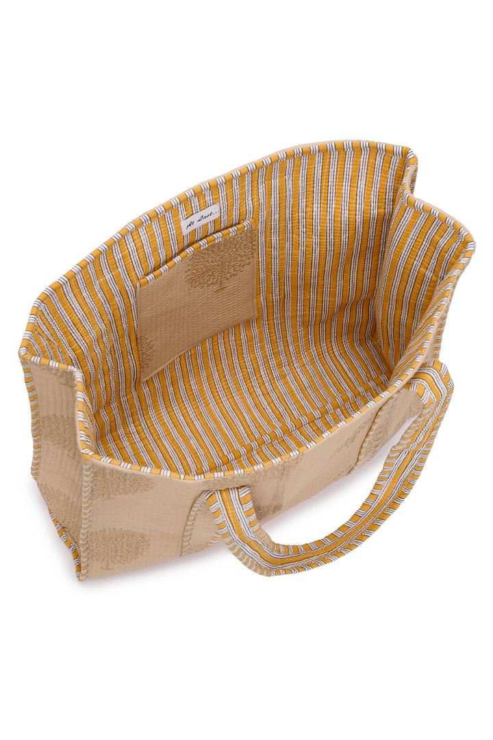 Large Cotton Tote Bag In Latte & Gold