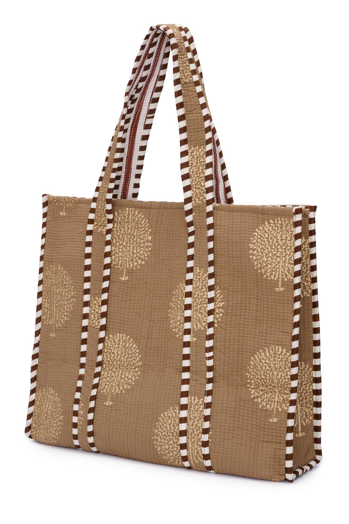 Large Cotton Tote Bag In Coffee & Gold
