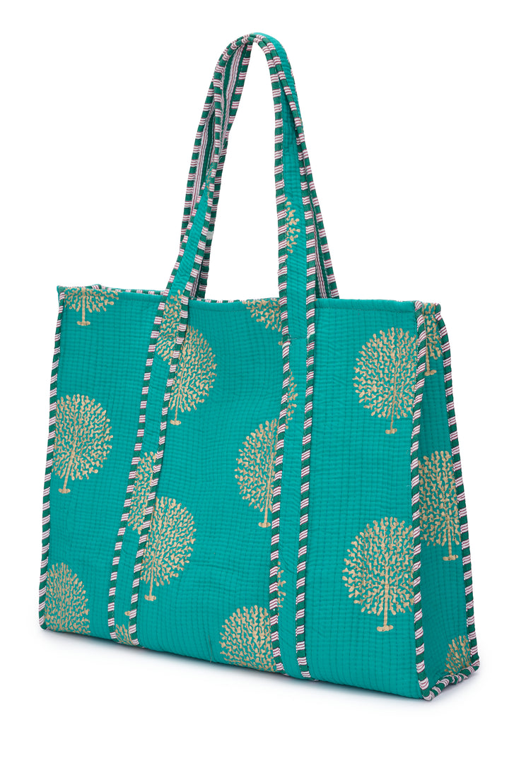 Large Cotton Tote Bag In Peacock & Gold