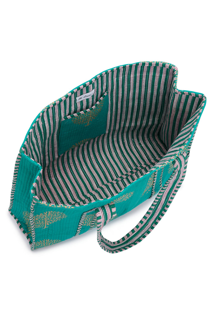 Large Cotton Tote Bag In Peacock & Gold