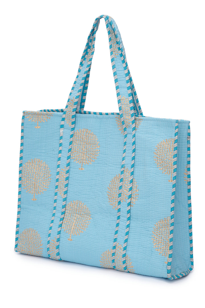 Large Cotton Tote Bag In Baby Blue & Gold