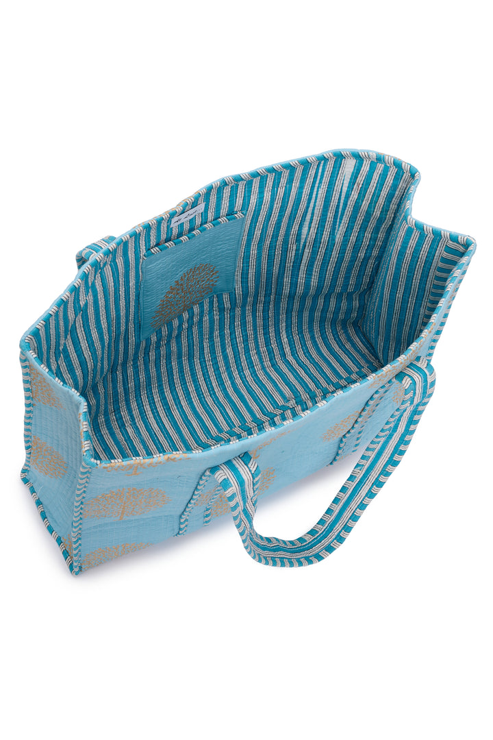 Large Cotton Tote Bag In Baby Blue & Gold