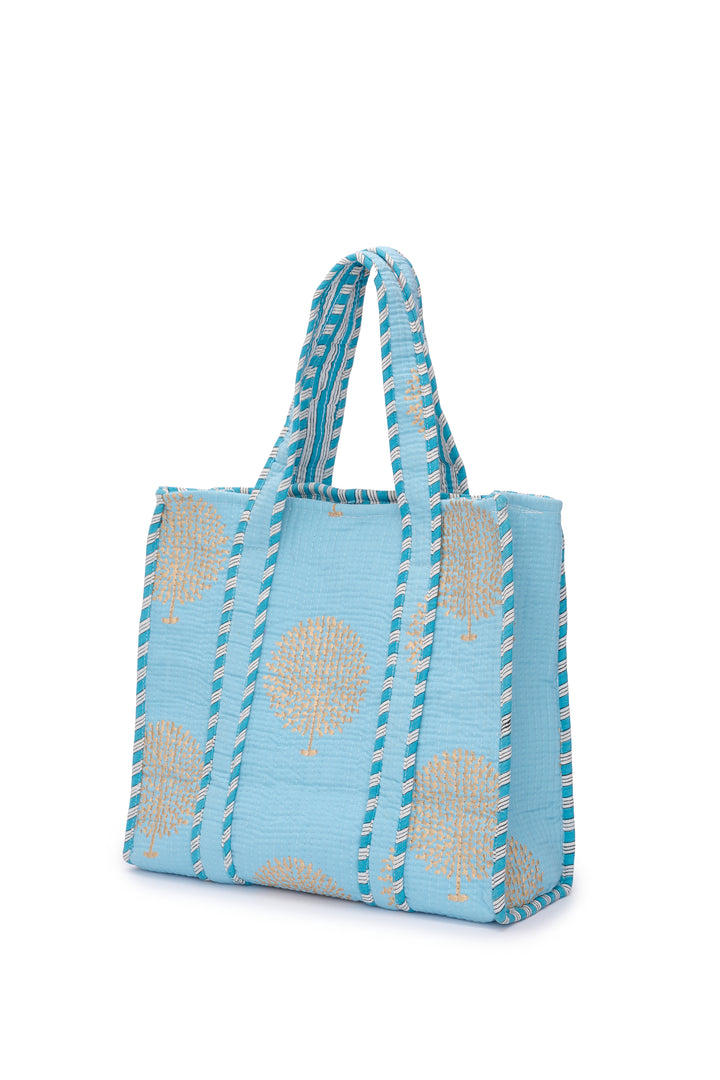 Medium Cotton Tote Bag In Baby Blue & Gold