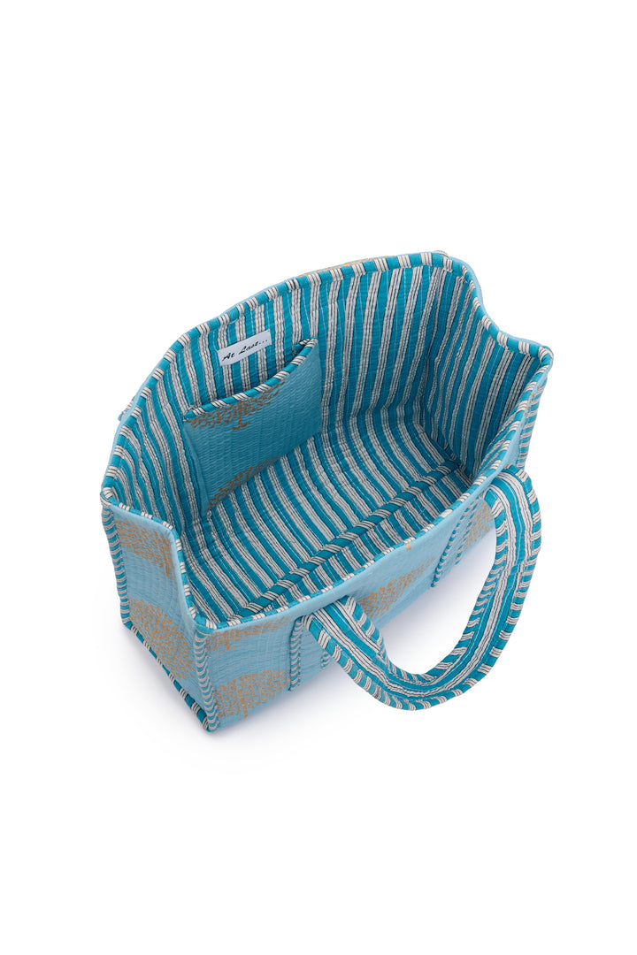 Medium Cotton Tote Bag In Baby Blue & Gold