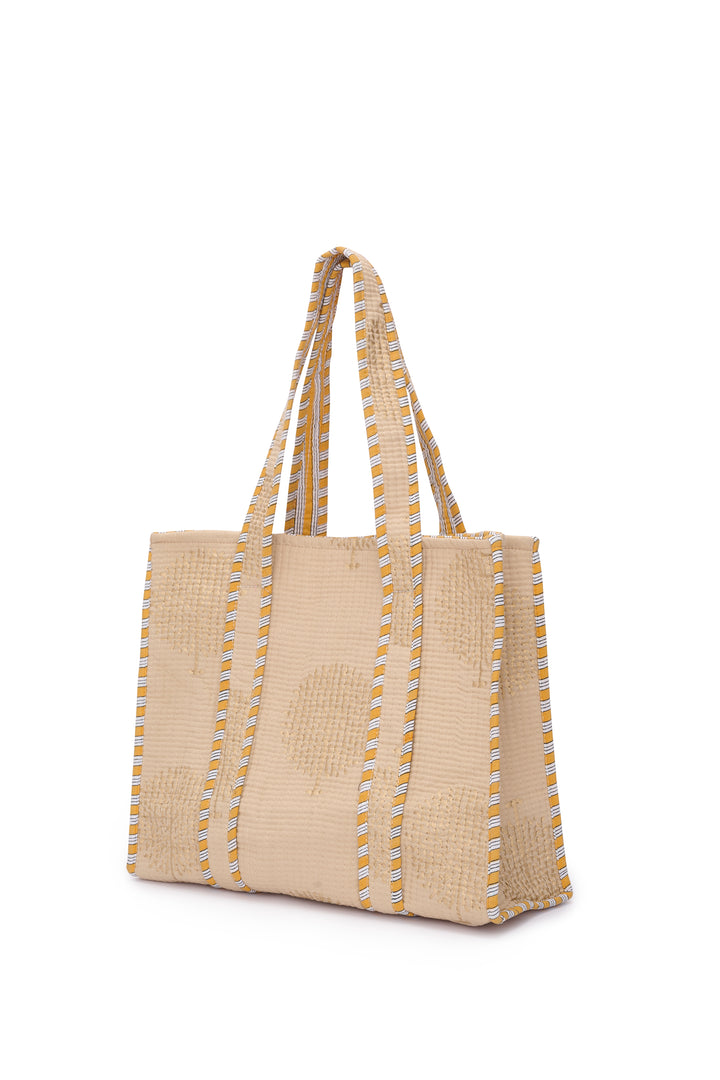 Medium Cotton Tote Bag In Latte & Gold