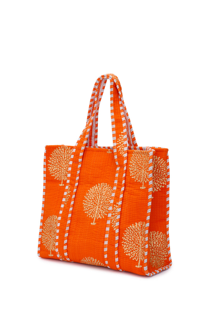 Medium Cotton Tote Bag In Tangerine & Gold