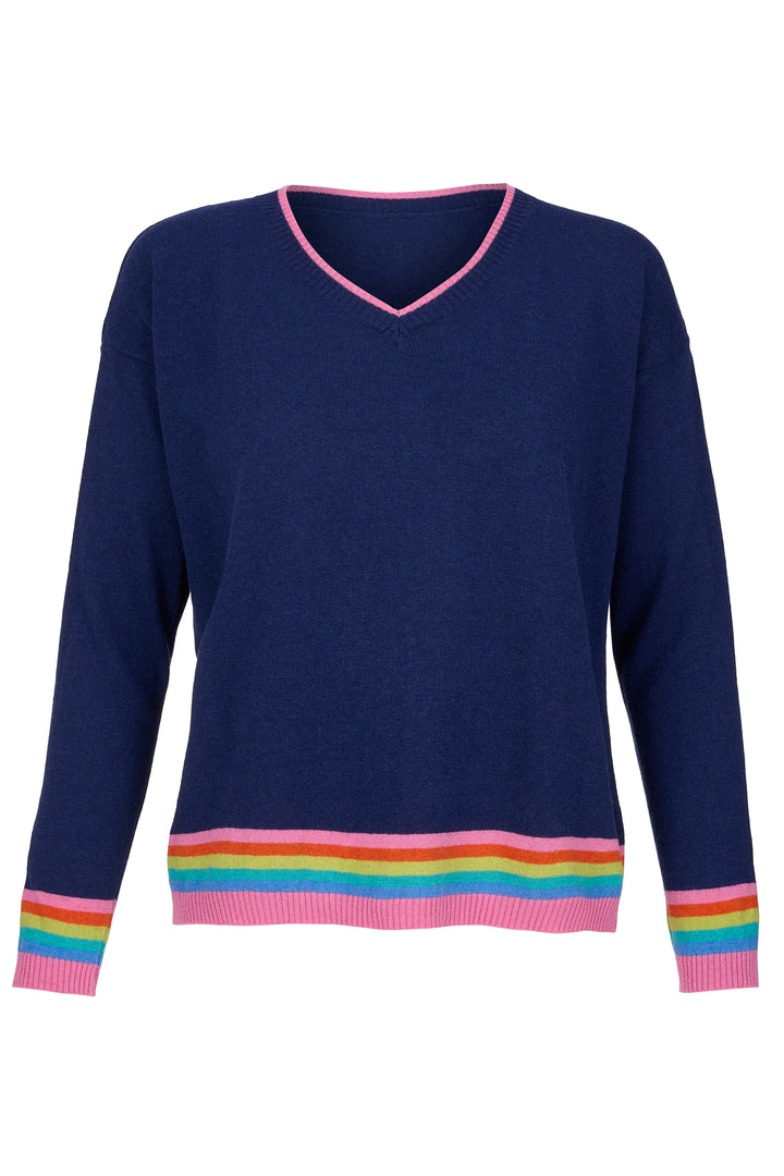 Cashmere Mix Sweater in Navy with Rainbow Stripe Hem & Cuffs