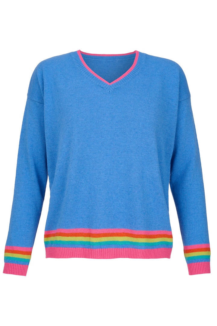 Cashmere Mix Sweater in Blue with Rainbow Stripe Hem & Cuffs