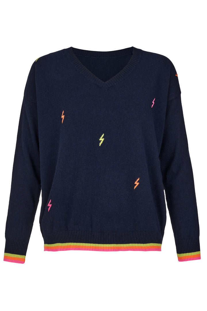 Cashmere Mix Sweater in Navy with Multi Lightning & Stripes