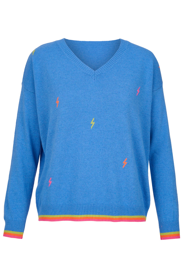 Cashmere Mix Sweater in Blue with Multi Lightning & Stripes