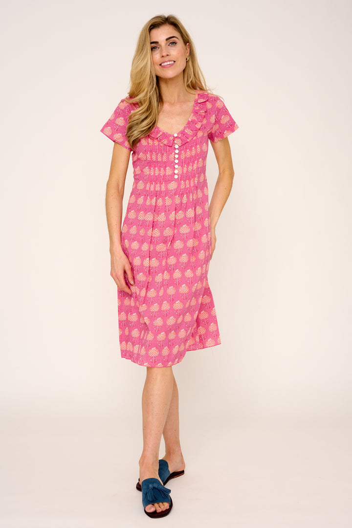 Cotton Karen Short Sleeve Day Dress in Pink with Orange Flower