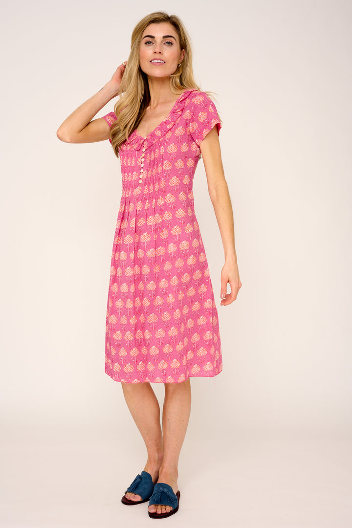 Cotton Karen Short Sleeve Day Dress in Pink with Orange Flower