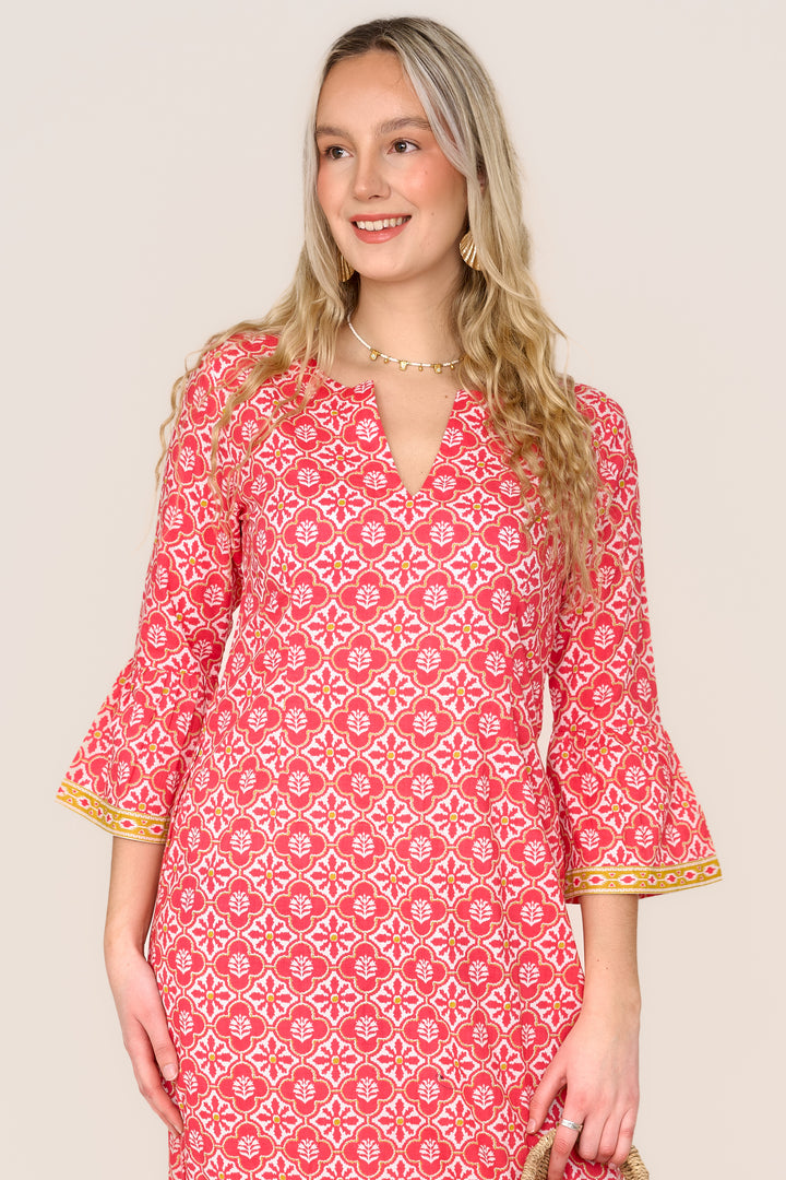 Cotton Belle Kaftan Dress in Coral & White Flower