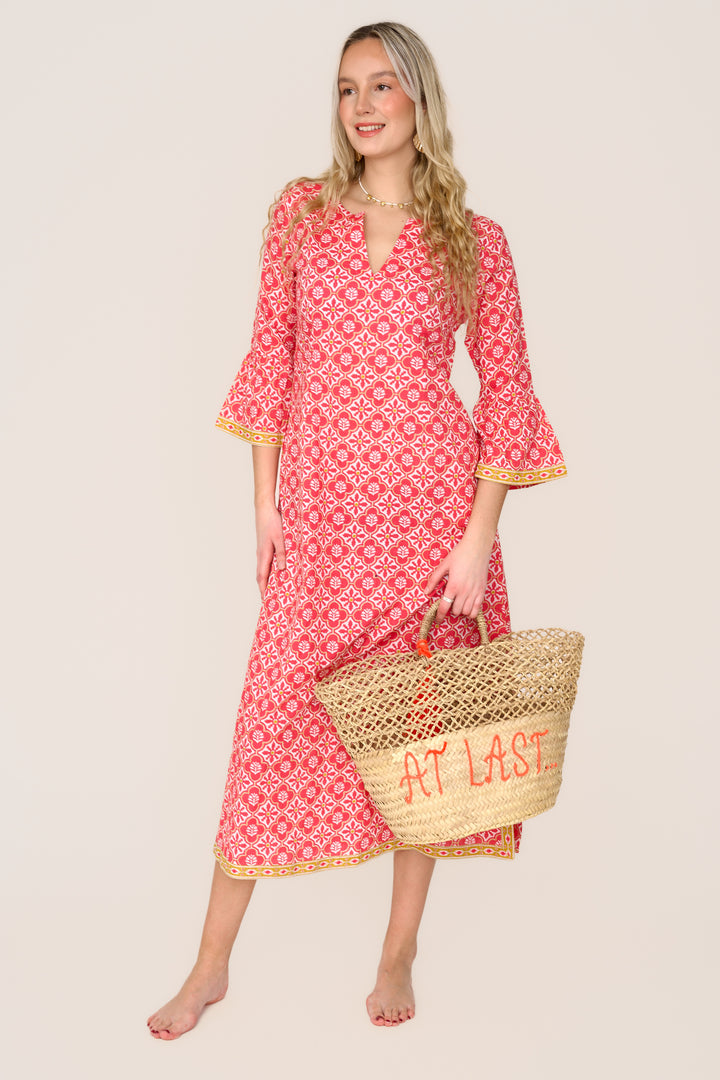 Cotton Belle Kaftan Dress in Coral & White Flower