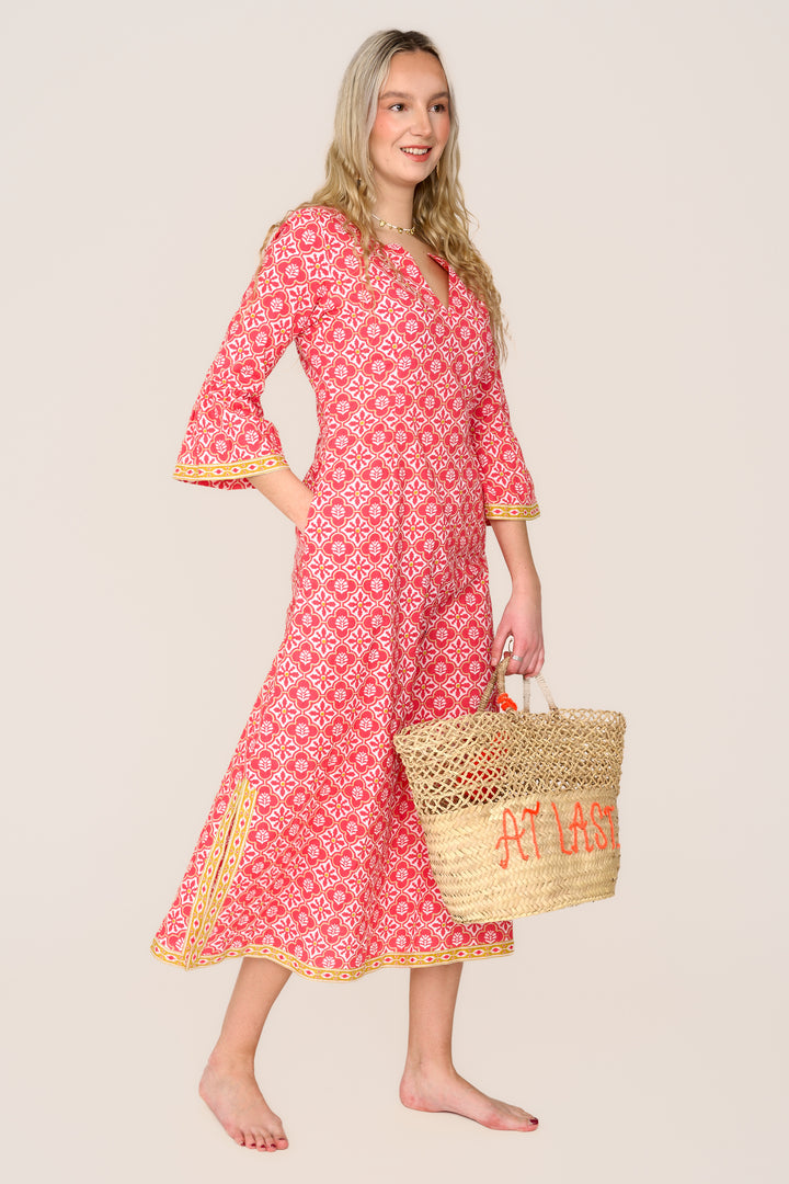 Cotton Belle Kaftan Dress in Coral & White Flower