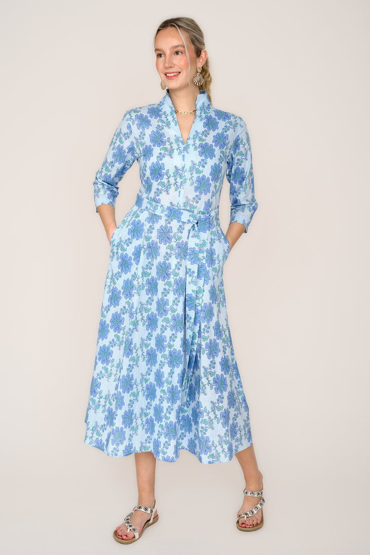 Cotton Chelsea Midi Dress in Blue Pinstripe
