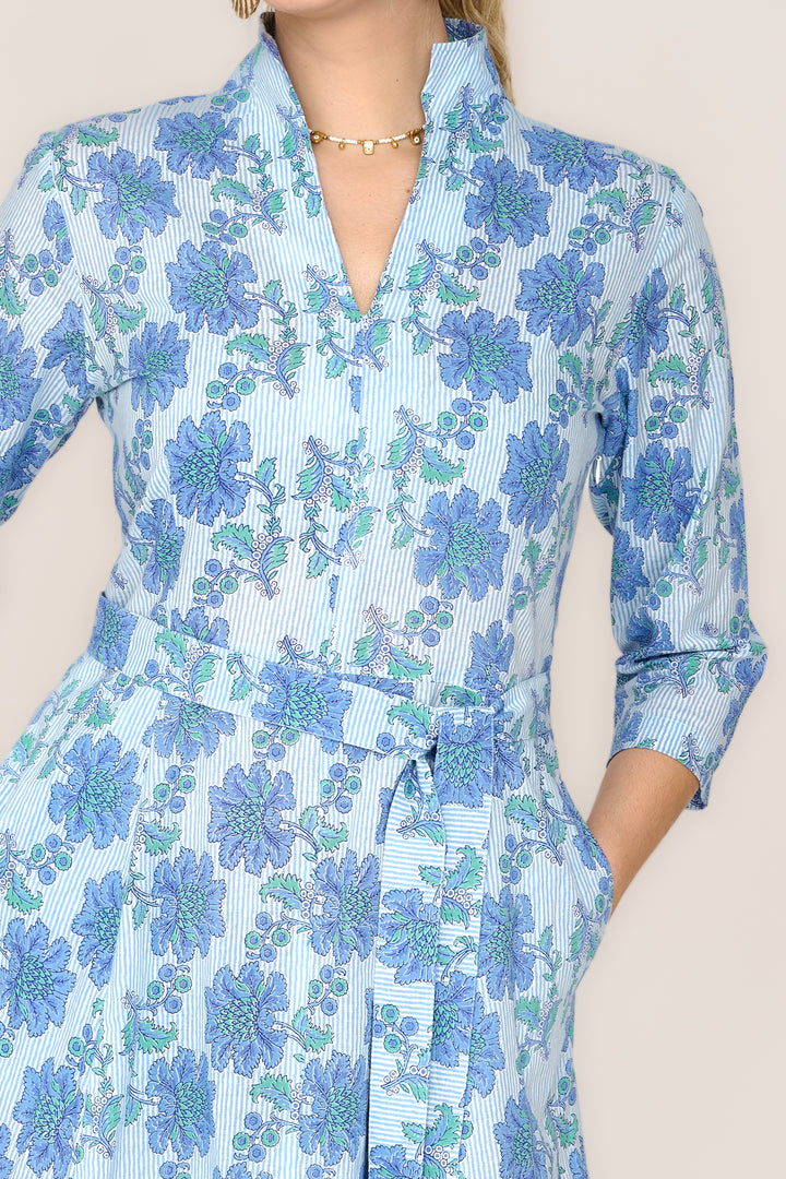 Cotton Chelsea Midi Dress in Blue Pinstripe