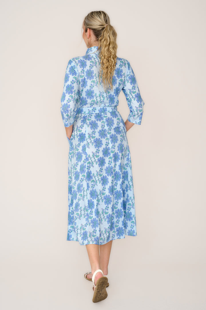 Cotton Chelsea Midi Dress in Blue Pinstripe