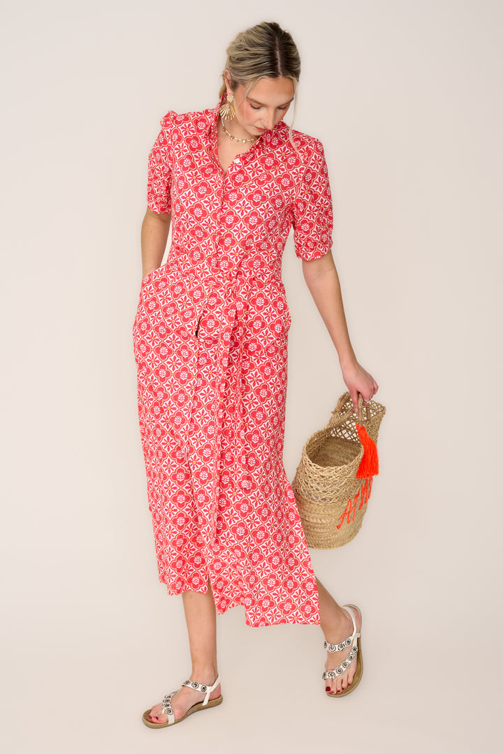 Cotton Maddie Dress in Coral & White Flower