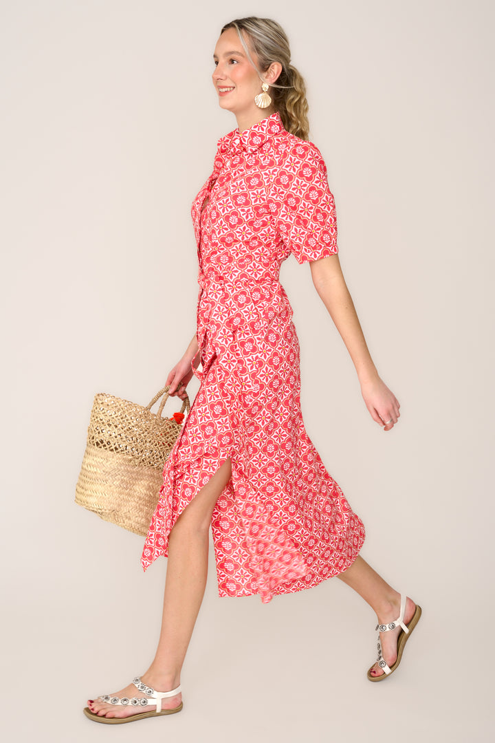 Cotton Maddie Dress in Coral & White Flower