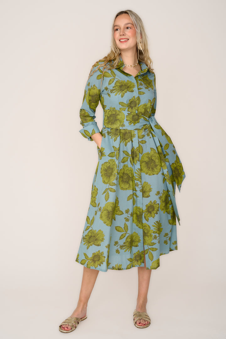 Cotton Marigold Dress in Lime & Grey