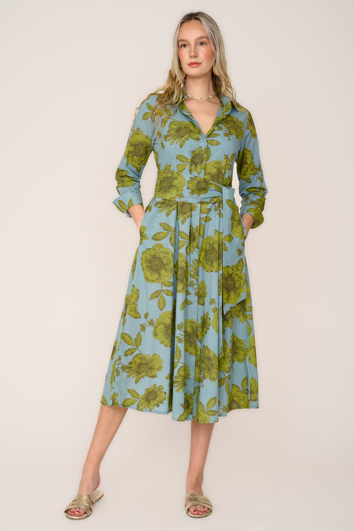 Cotton Marigold Dress in Lime & Grey