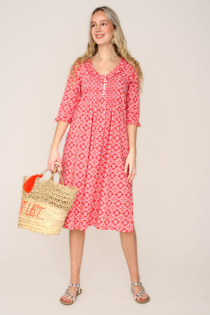 Cotton Karen 3/4 Sleeve Day Dress in Coral & White Flower