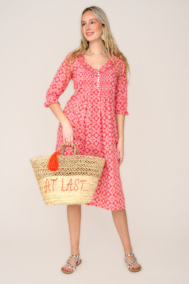 Cotton Karen 3/4 Sleeve Day Dress in Coral & White Flower
