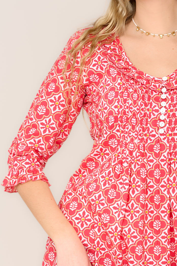 Cotton Karen 3/4 Sleeve Day Dress in Coral & White Flower