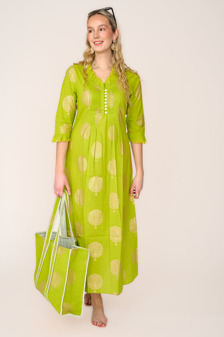 Cotton Annabel Maxi Dress in Lime & Gold