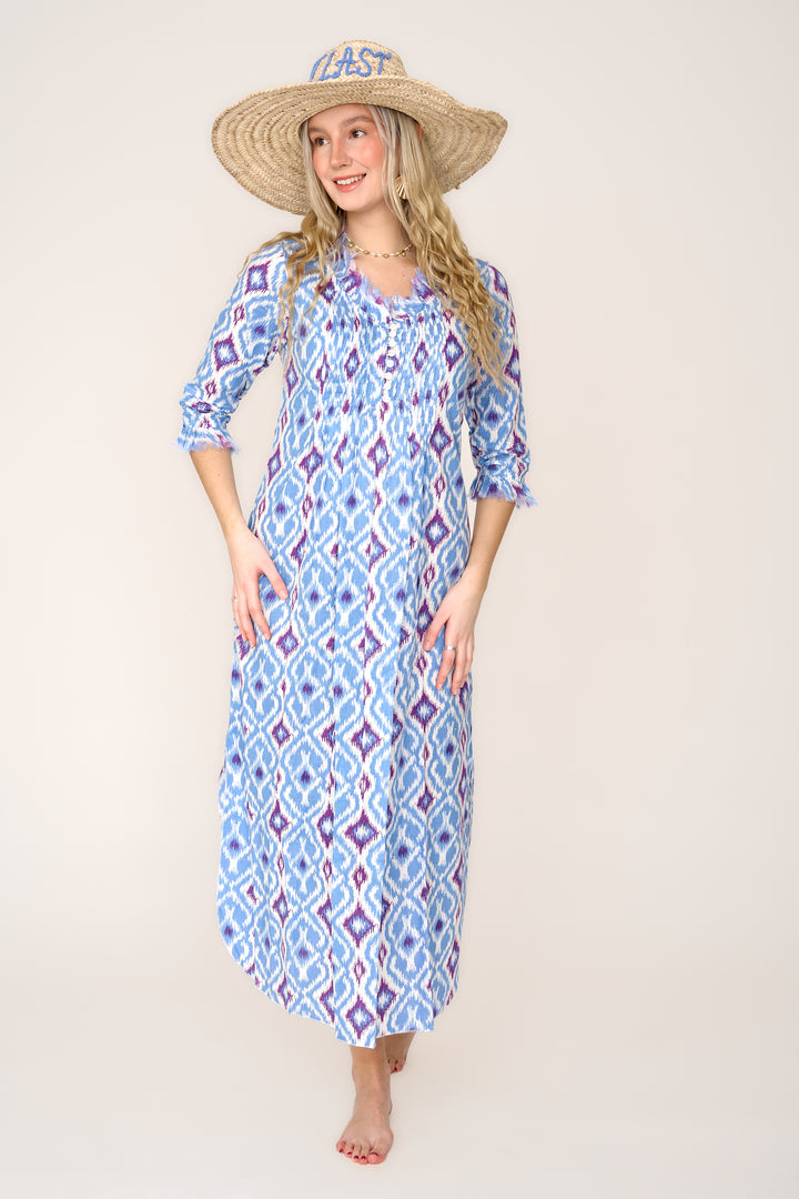 Cotton Annabel Maxi Dress in Baby Blue & Violet Ikat