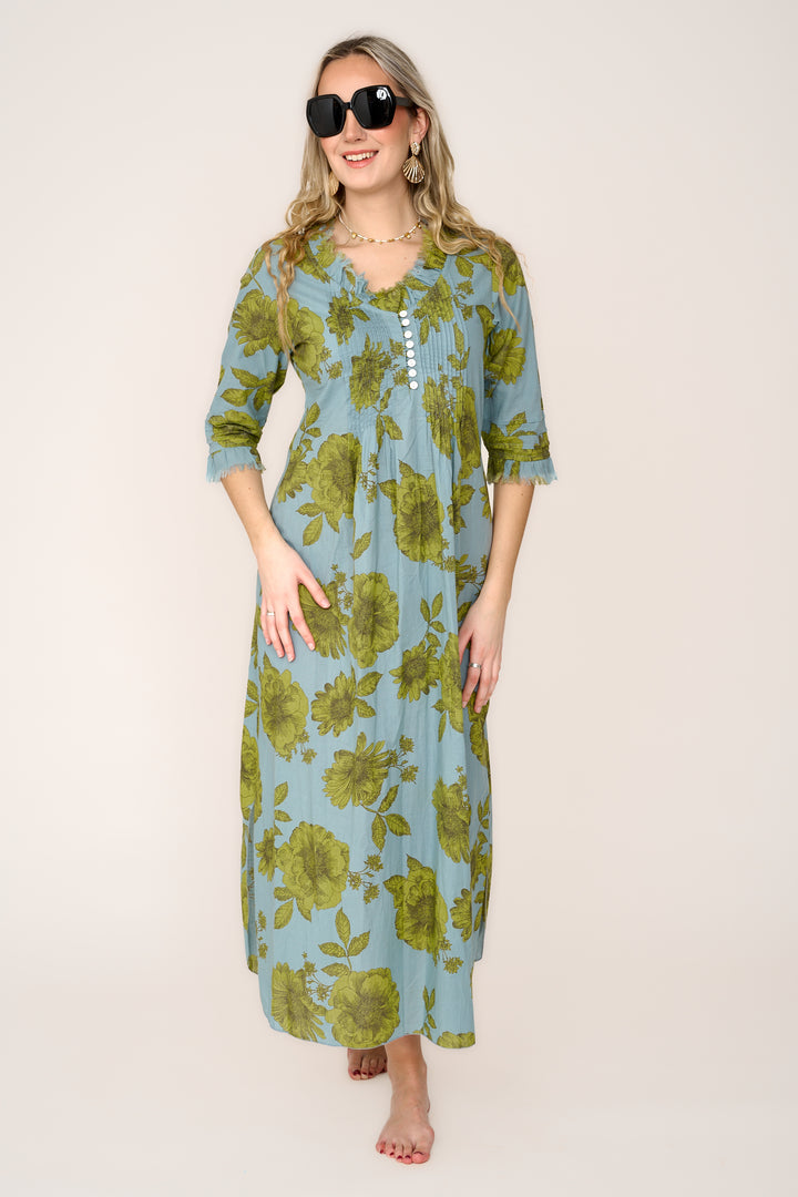 Cotton Annabel Maxi Dress in Lime & Grey