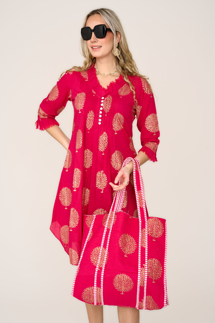 Large Cotton Tote Bag In Fuschia & Gold