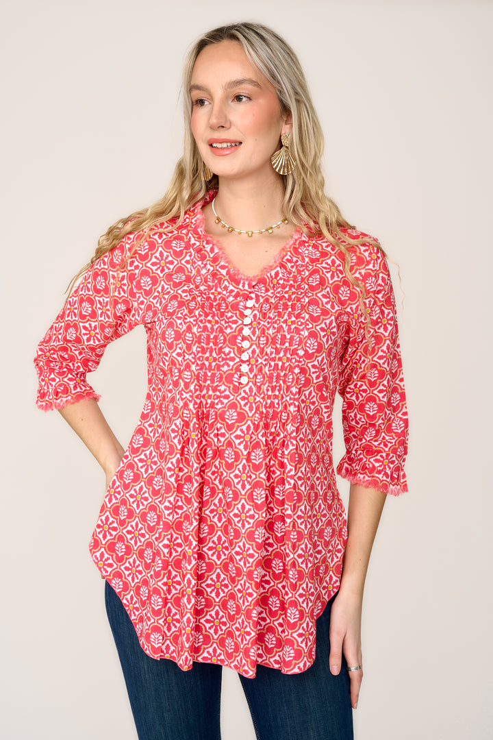 Sophie Cotton Shirt in Coral & White Flower