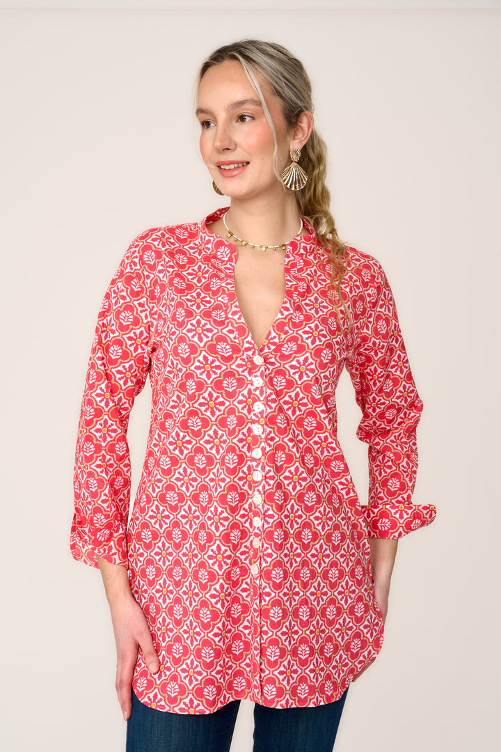 Cotton Louise Shirt in Coral & White Flower
