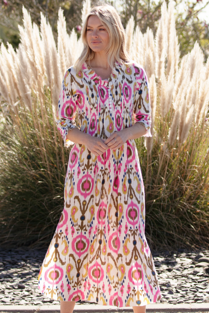 Cotton Annabel Maxi Dress in White Multi Ikat