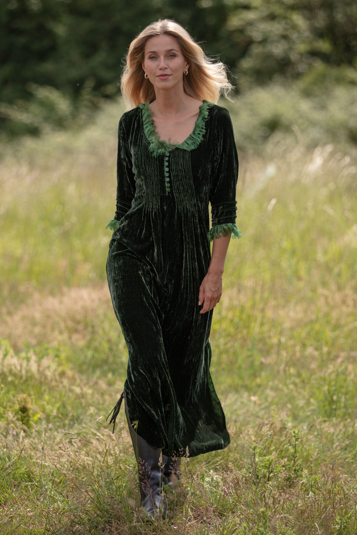 **COMING SOON - AVAILABLE TO PRE-ORDER** Silk Velvet Annabel Maxi Dress in Forest Green