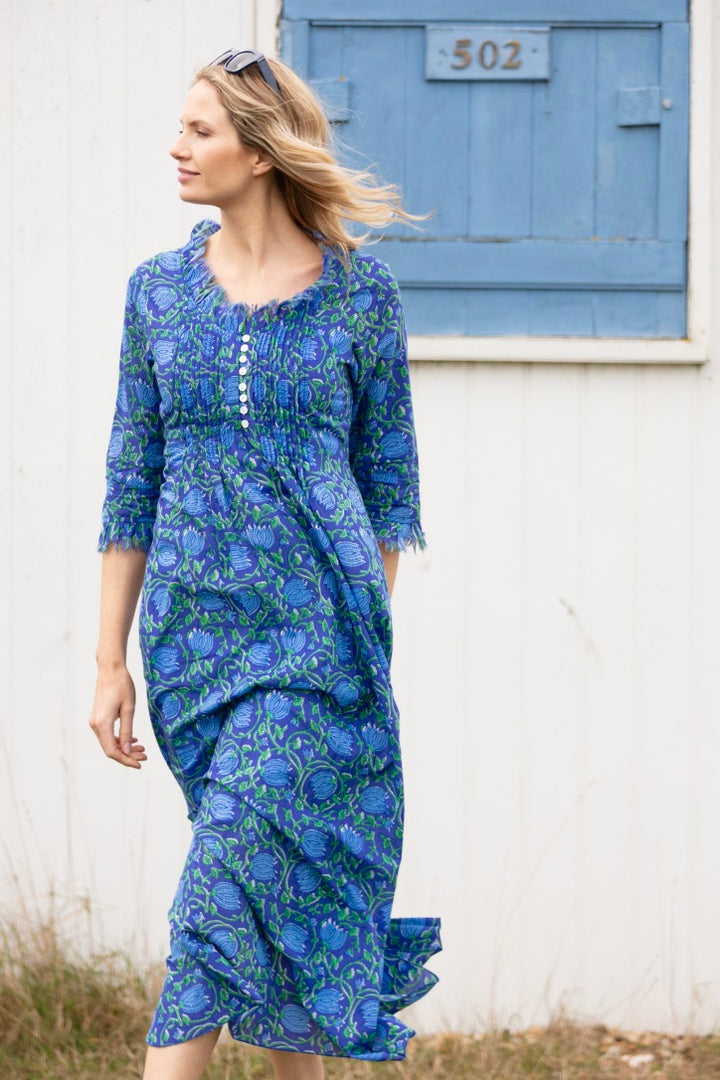 Cotton Annabel Maxi Dress in Royal Blue with Blue & Green Flower