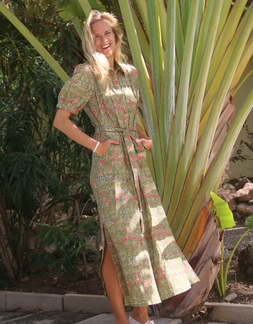 Cotton Maddie Dress in Green & Coral Flower
