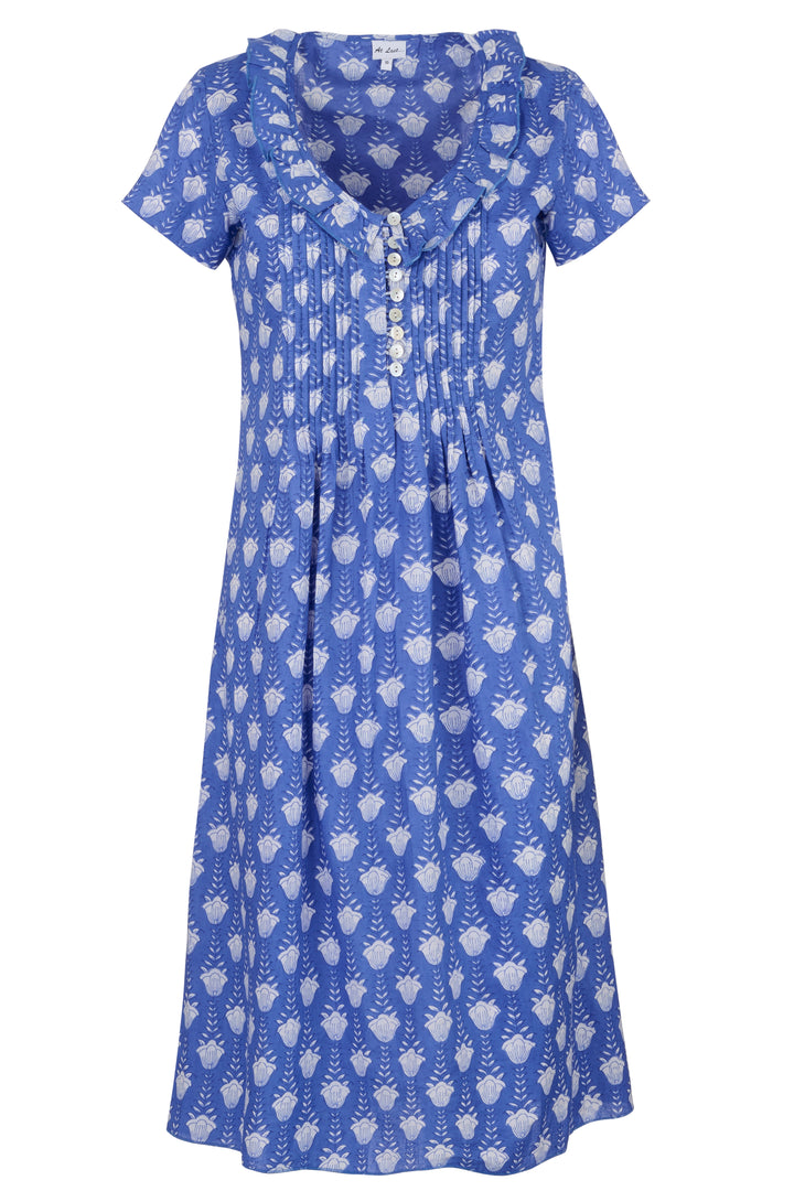 Cotton Karen Short Sleeve Day Dress in Wedgewood Blue Flower